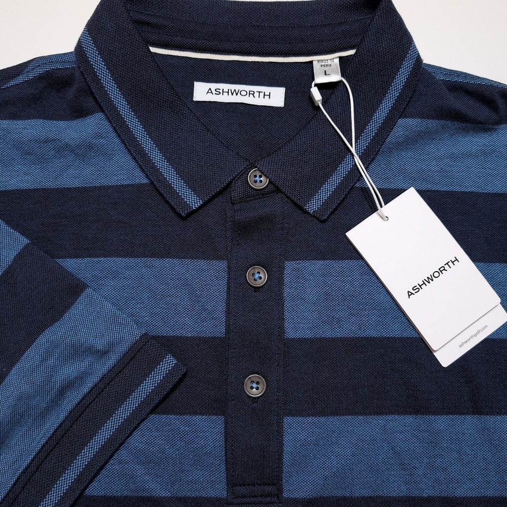 ASHWORTH Golf Polo Mens Large Blue NWT Striped Short Sleeve Cotton Blend